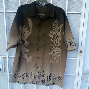 Box Office Island Mens Shirt Dragon Asian L Short Sleeve Olive green Ombre Color